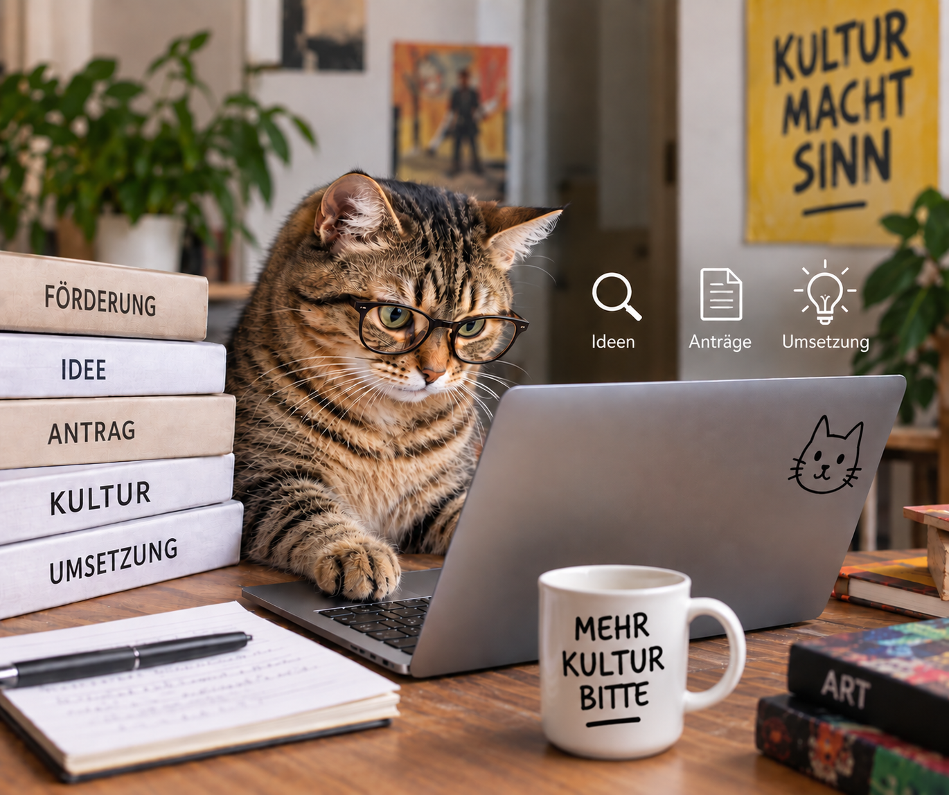 Katze mit Brille arbeitet am PC, auf der tasse davor steht Mehr Kultur bitte.